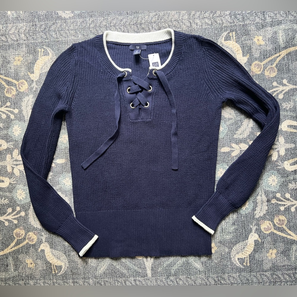 Gap Factory Sweater NWT Lace up 3/4 front navy blue with white edges